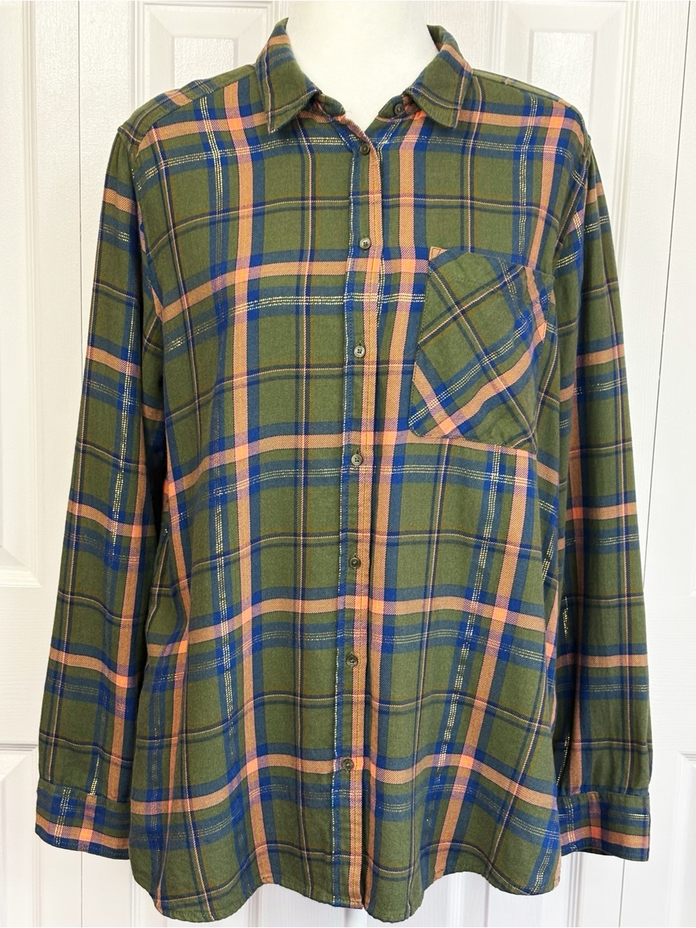 Express Green Multi Metallic Plaid Flannel Boyfriend Button Down Shirt Large